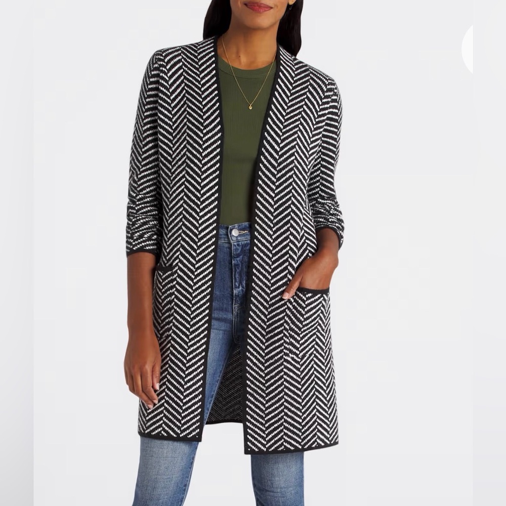 Chevron Open-Front Longline Cardigan - Black & White, stitch fix